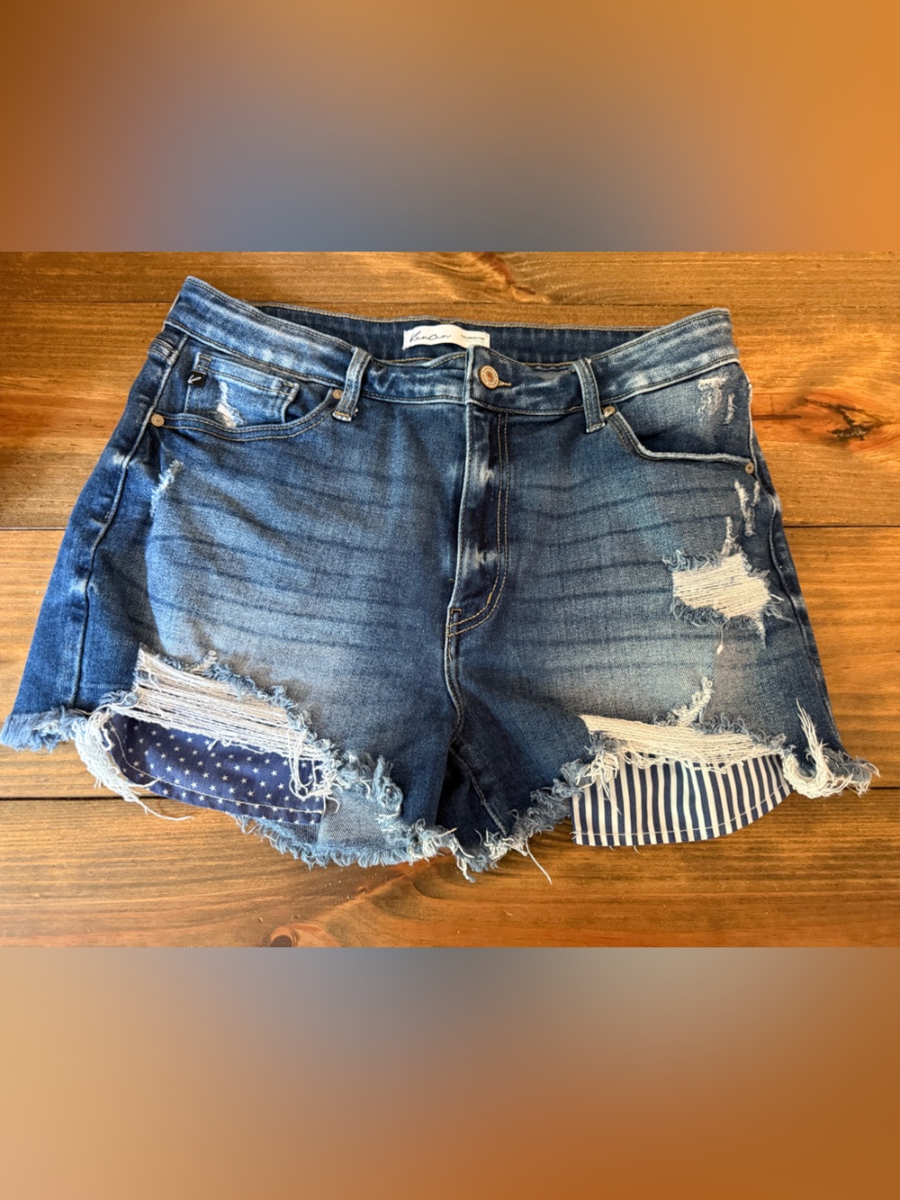 Women’s Kancan Distressed Denim Shorts with America Patch Details, Size 31